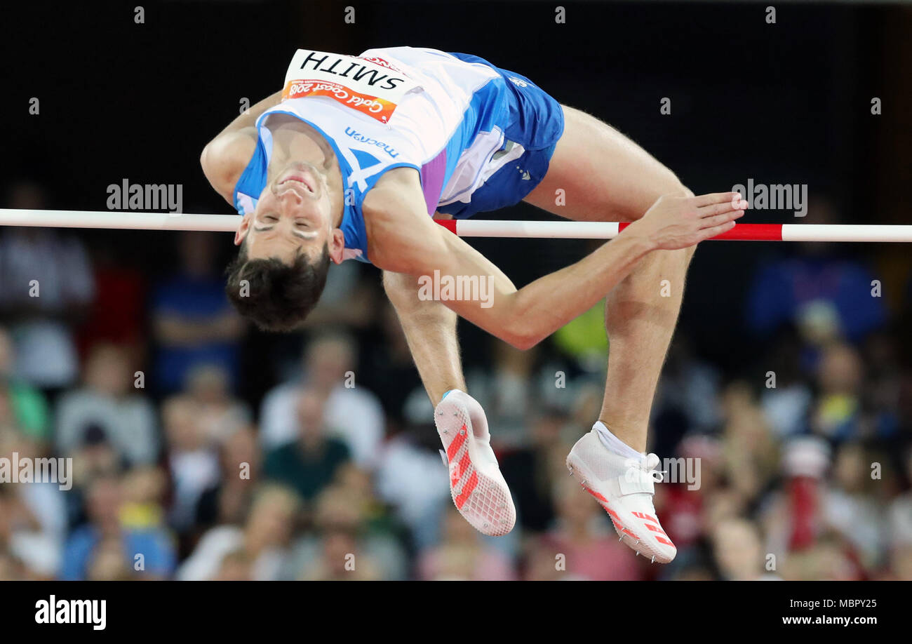 Scotland's David Smith in the Men's High Jump Final at the Carrara Stadium during day seven of the 2018 Commonwealth Games in the Gold Coast, Australia. Stock Photo