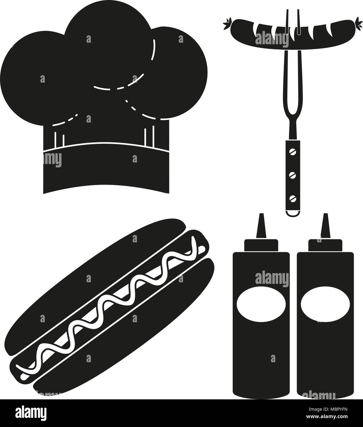 Black and white hot dog cooking silhouette set Stock Vector