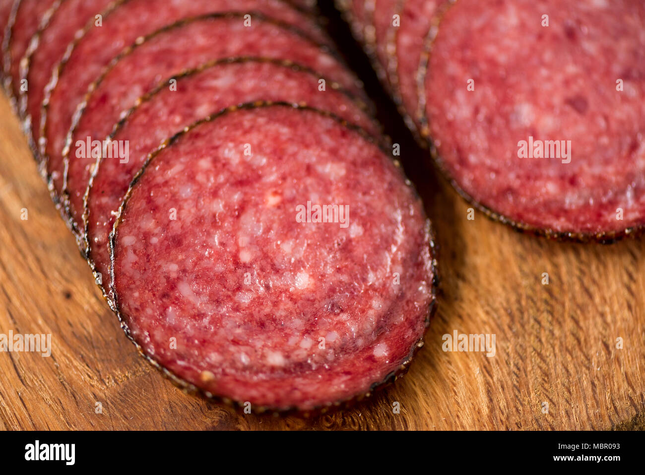 Macro of smoked salami sausage background. Top view, copy space. Sliced