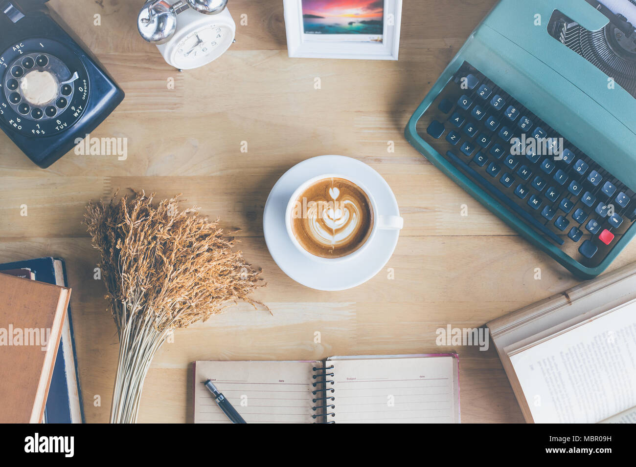 Retro reporter working at the table, top view Stock Photo - Alamy