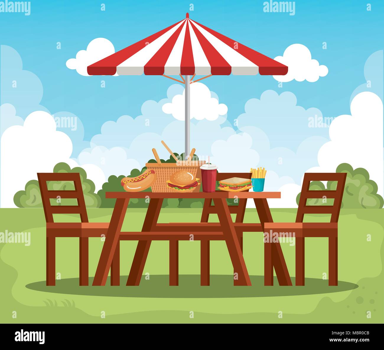 picnic table with umbrella scene Stock Vector Image & Art - Alamy