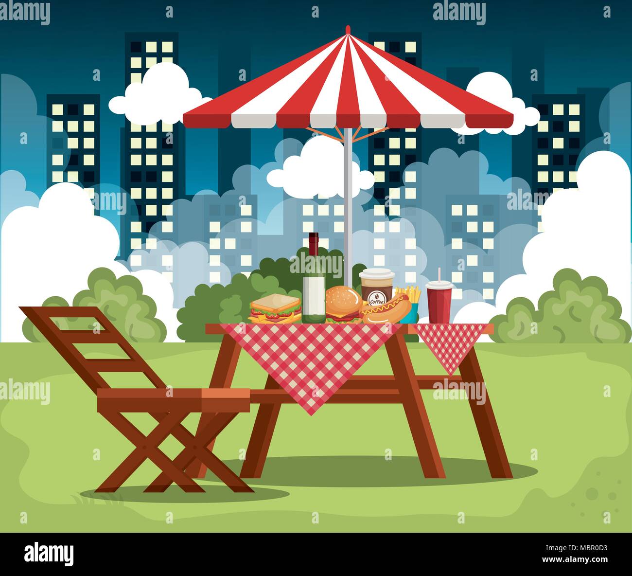picnic table with umbrella scene Stock Vector Image & Art - Alamy