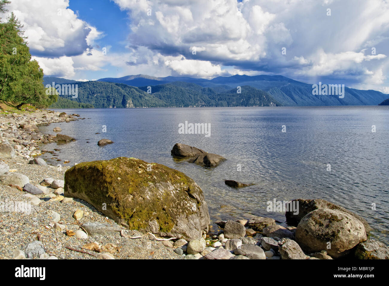 Teletskoye lake, Siberia. View of the natural Bay on the right Bank Stock Photo