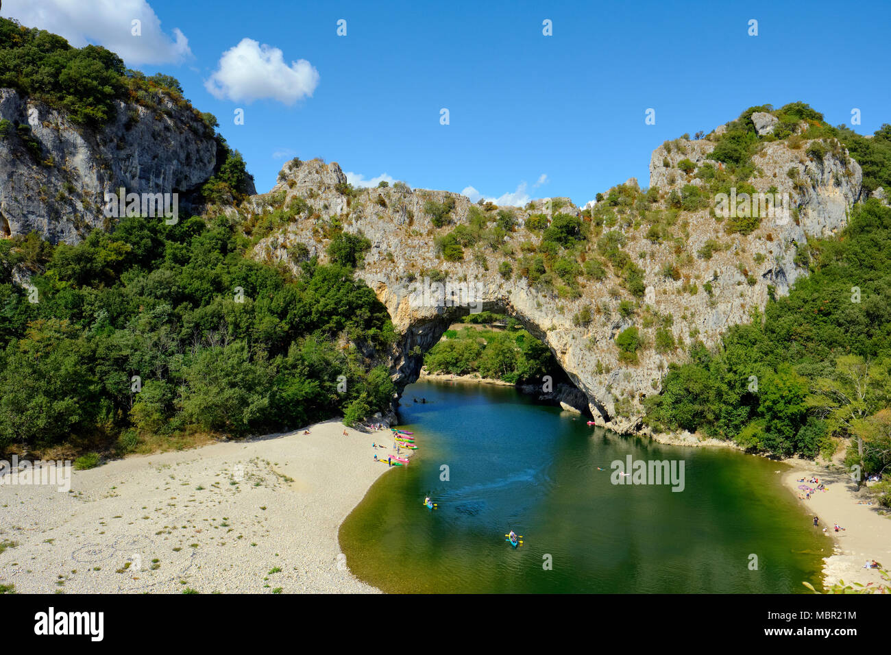 The natural stone arch of Pont d'Arc in the Gorges de l'Ardeche in southern France. Stock Photo