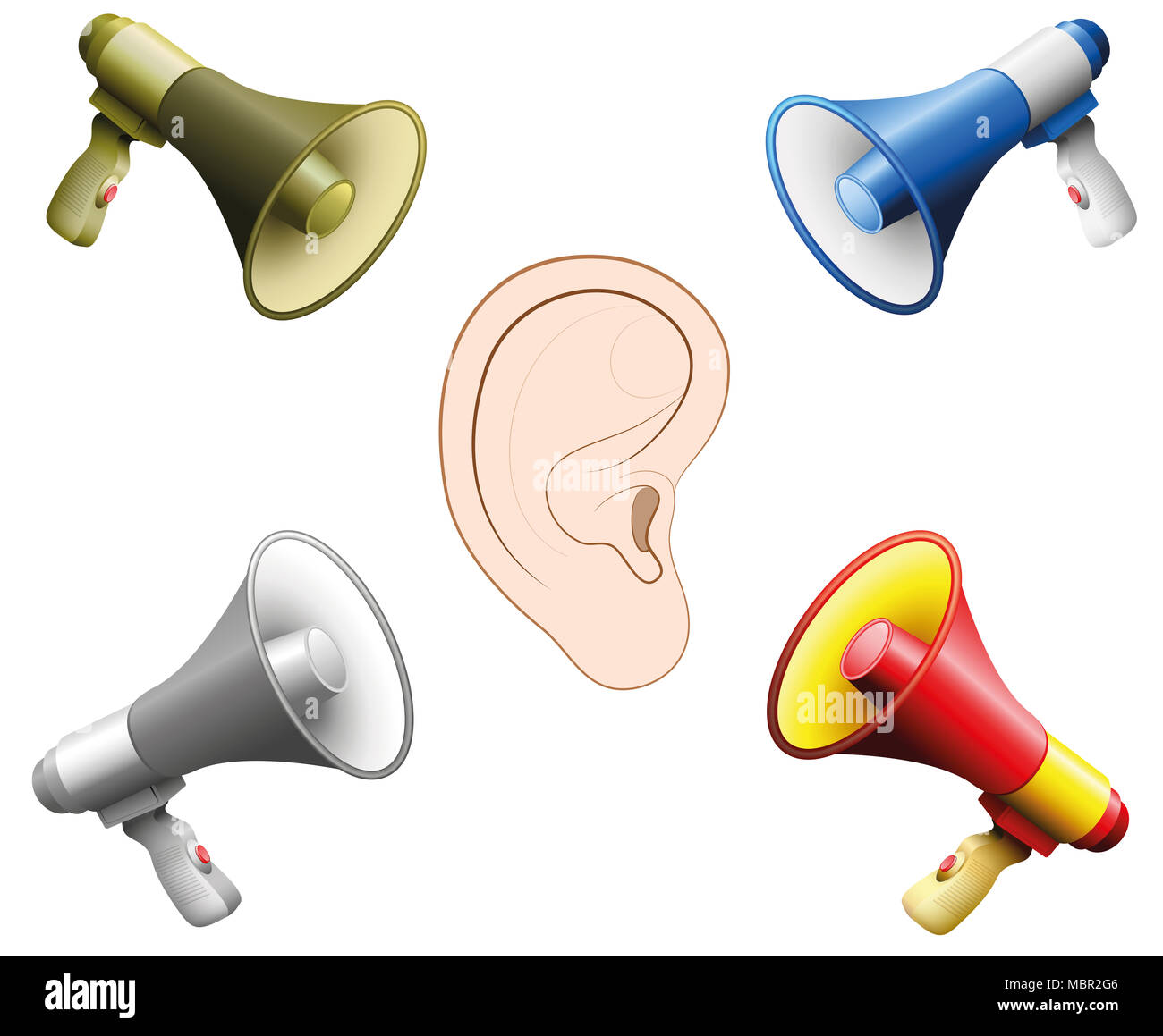 Hearing damage caused by too loud noise. Symbolic illustration for hearing damage, tinnitus, hearing disorder, mental stress. Stock Photo