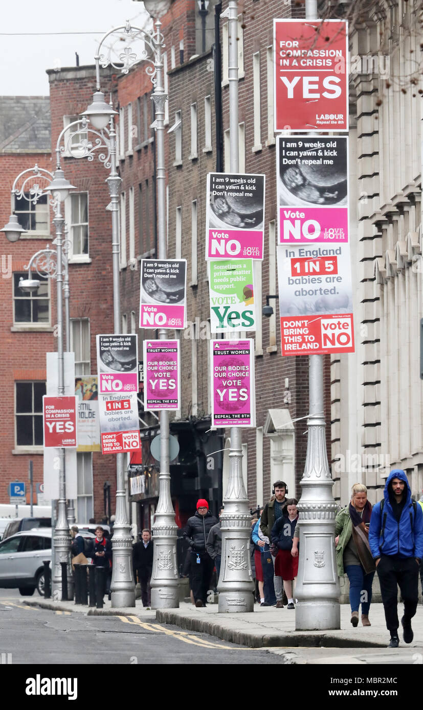 A view of posters in favour of and against abortion outside Government Buildings in Dublin, ahead of the referendum on the Eighth Amendment on May 25. Stock Photo