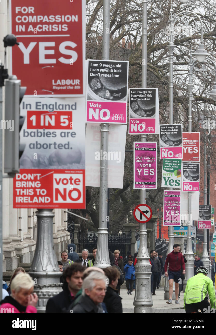 A view of posters in favour of and against abortion outside Government Buildings in Dublin, ahead of the referendum on the Eighth Amendment on May 25. Stock Photo