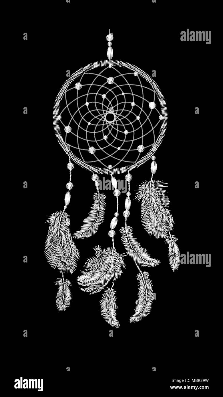 Embroidery boho native american indian dreamcatcher feathers. Clothes ethnic tribal fashion design dream catcher. Fashionable template vector illustration Stock Vector