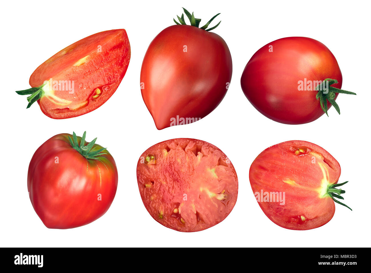 Oxheart tomatoes, whole and slices, fresh, top view Stock Photo