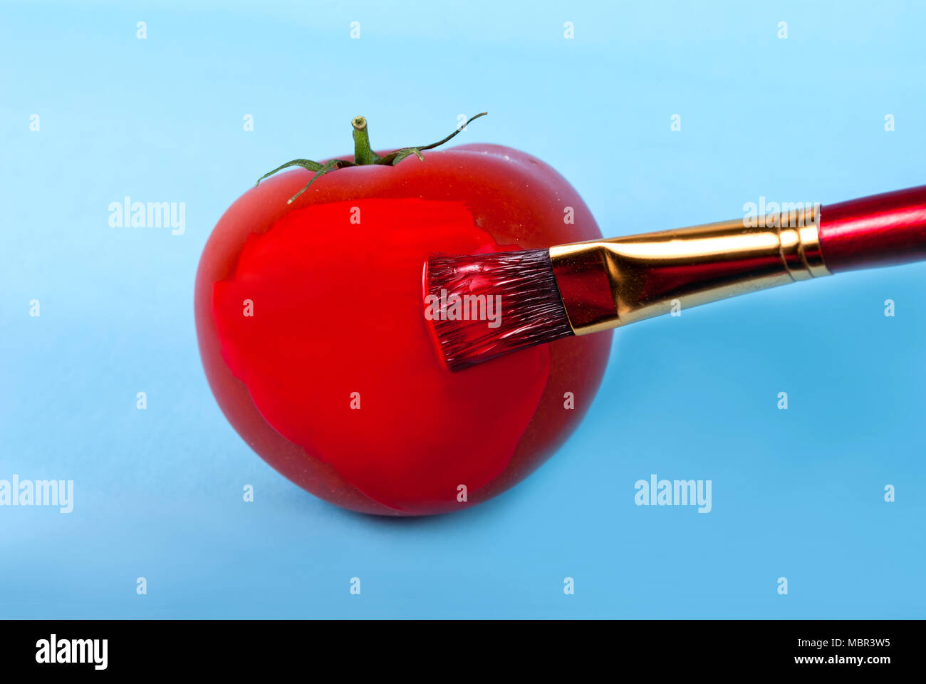 Brush paint tomatoes in red fresh color on a blue background, concept of unhealthy food Stock Photo