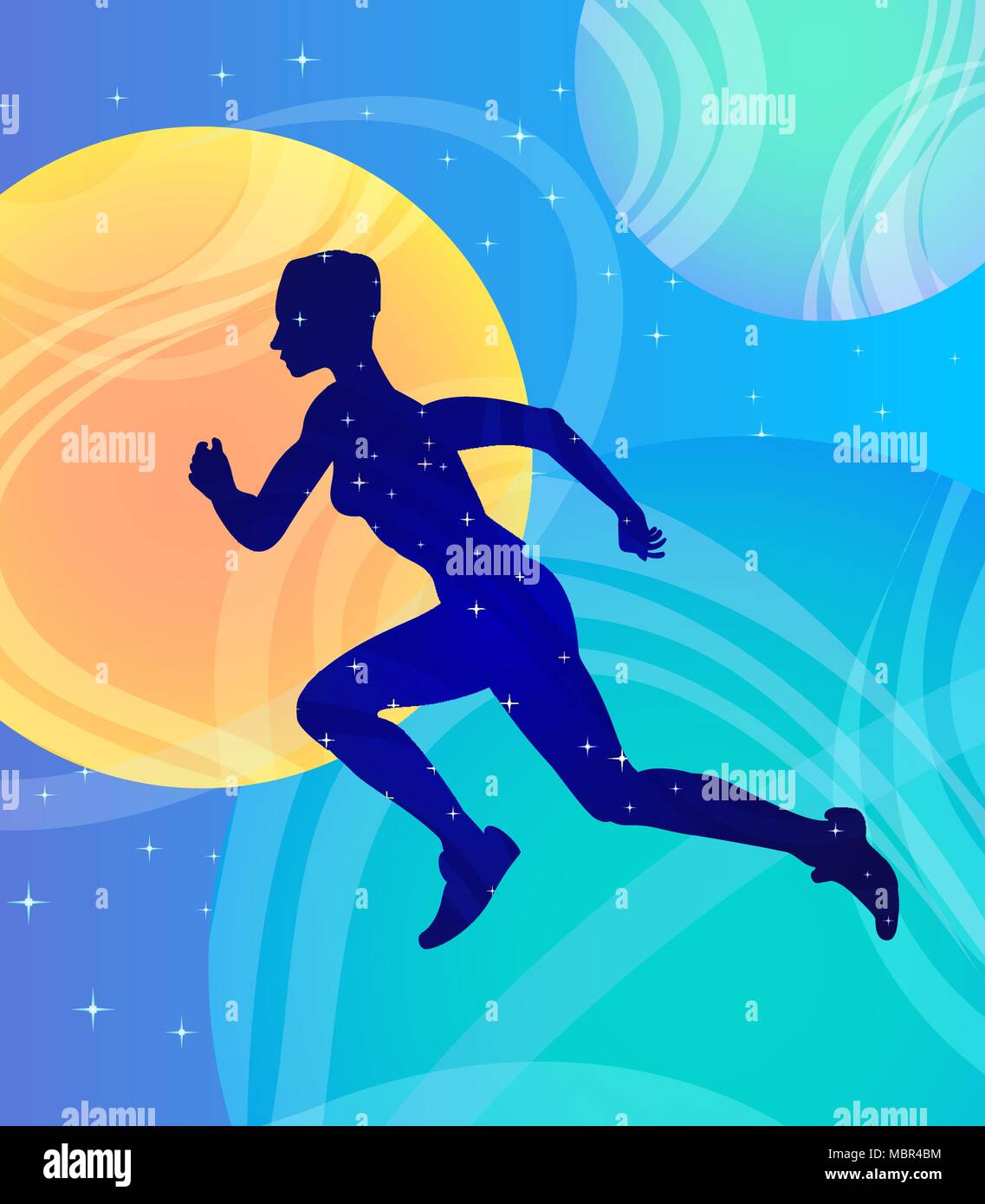 Running girl athlete in space, fantasy vector art. Strength, health, call to action and activity/ Stock Vector