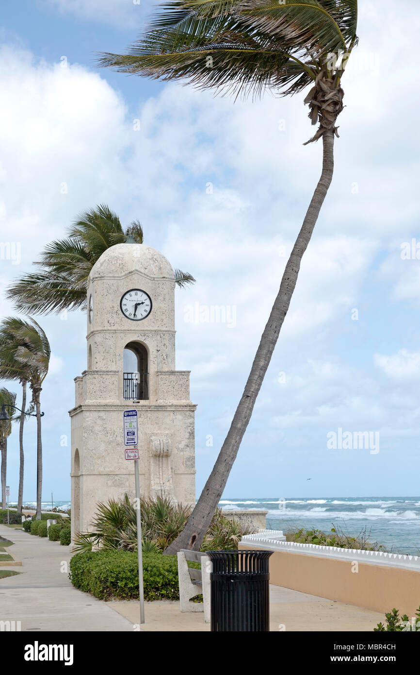 Clock tower at the end of Worth Avenue along the coast of the Atlantic Ocean in West Palm Beach, Florida. Stock Photo