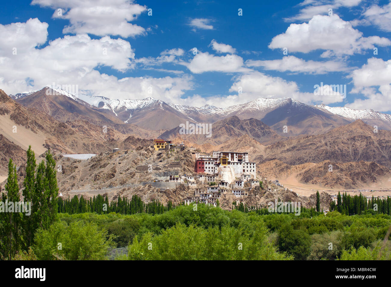 Spituk Monastery with view of Himalayas mountains. Spituk Gompa is a famous Buddhist temple in Ladakh, Jammu and Kashmir, India. Stock Photo