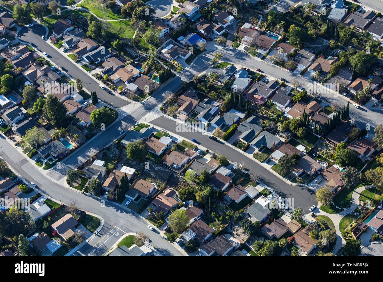 Aerial view of suburban cul-de-sac homes near Los Angeles in Thousand Oaks, California. Stock Photo