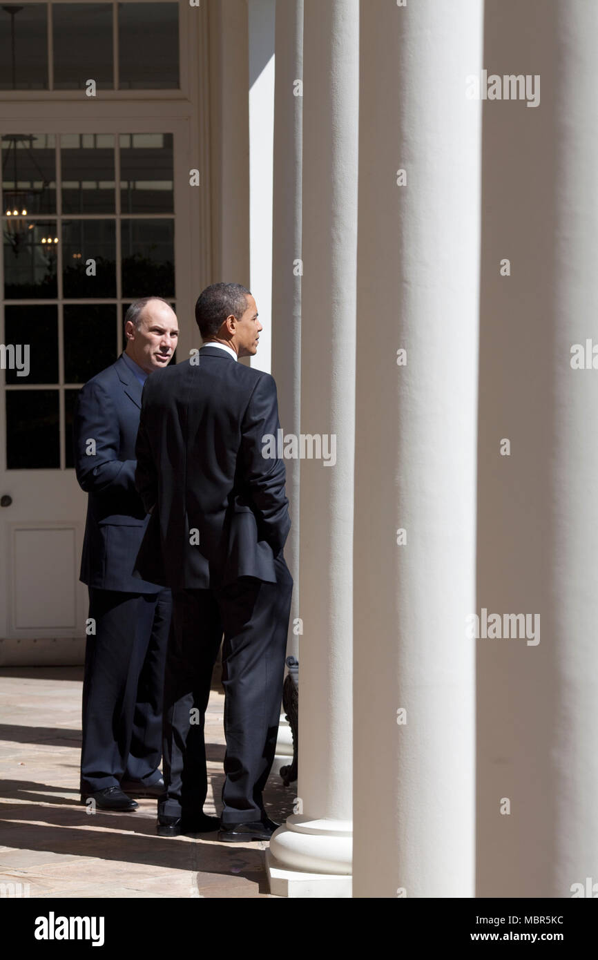 Standing on the  Colonnade with Phil Schiliro, assistant to the President for Legislative Affairs, prior to the Public Land bill signing ceremony in the Red Room 3/30/09. Official White House Photo  by Pete Souza Stock Photo