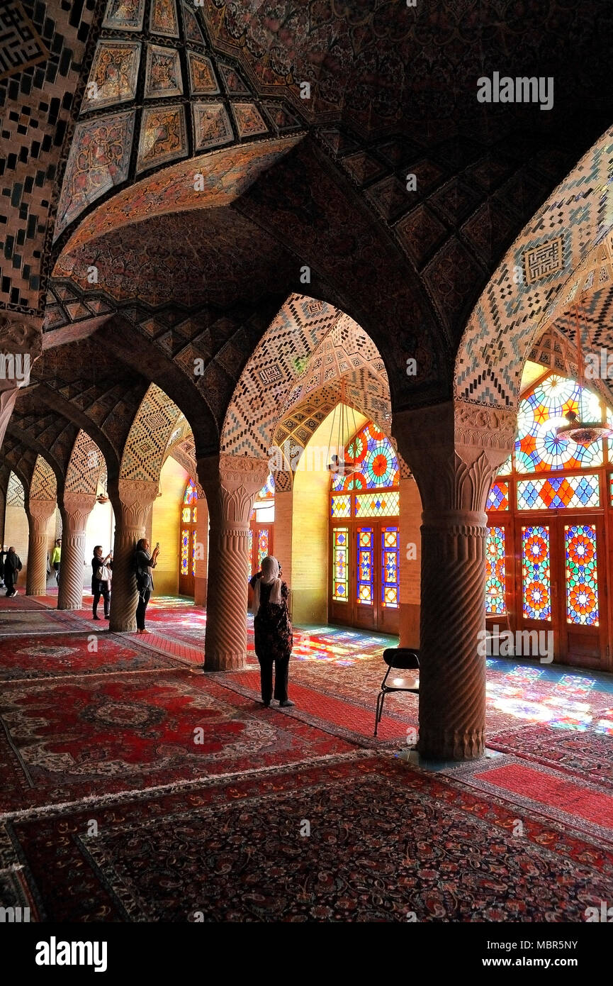 The prayer hall of Nasir Ol Molk Mosque or Pink Mosque with its