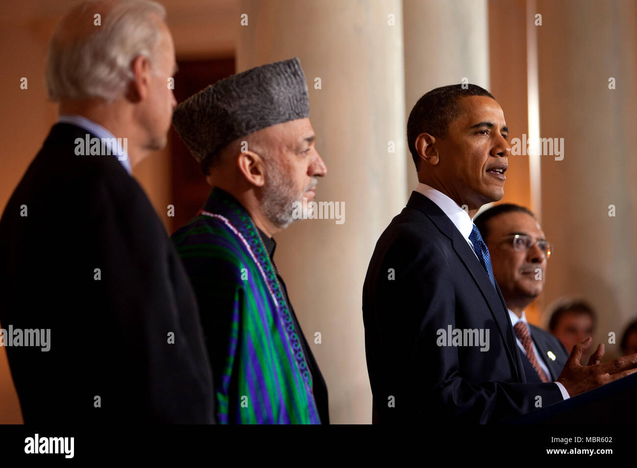 President Barack Obama with Afghanistan President Hamid Karzai, Pakistan President Asif Ali Zardari and Vice President Joe Biden during a statement in the Grand Foyer of the White House May 4, 2009.  Official White House Photo By Lawrence Jackson Stock Photo