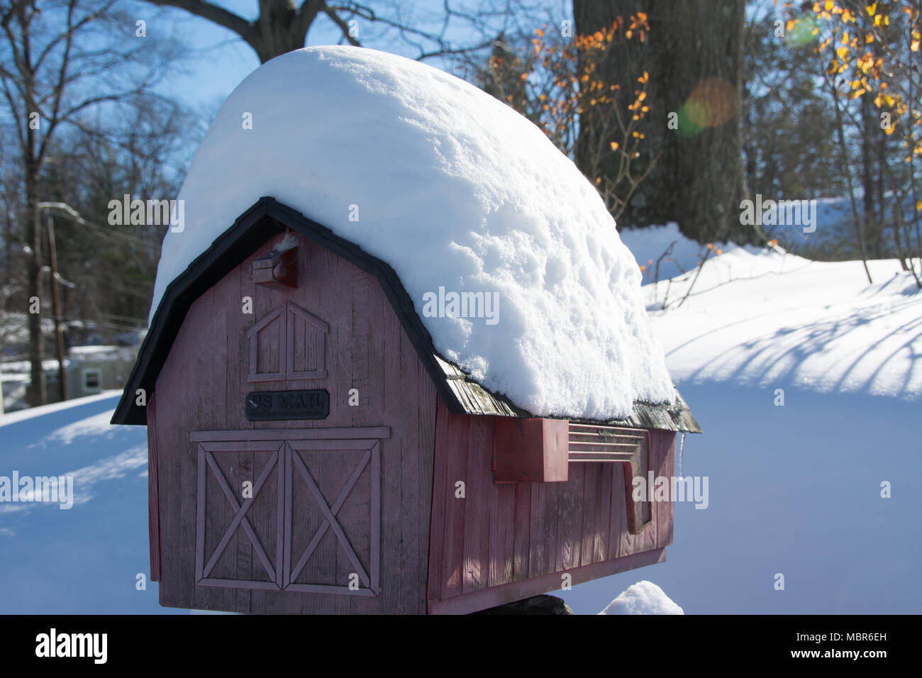 Snow Covered Red Barn Mailbox Stock Photo 179374905 Alamy