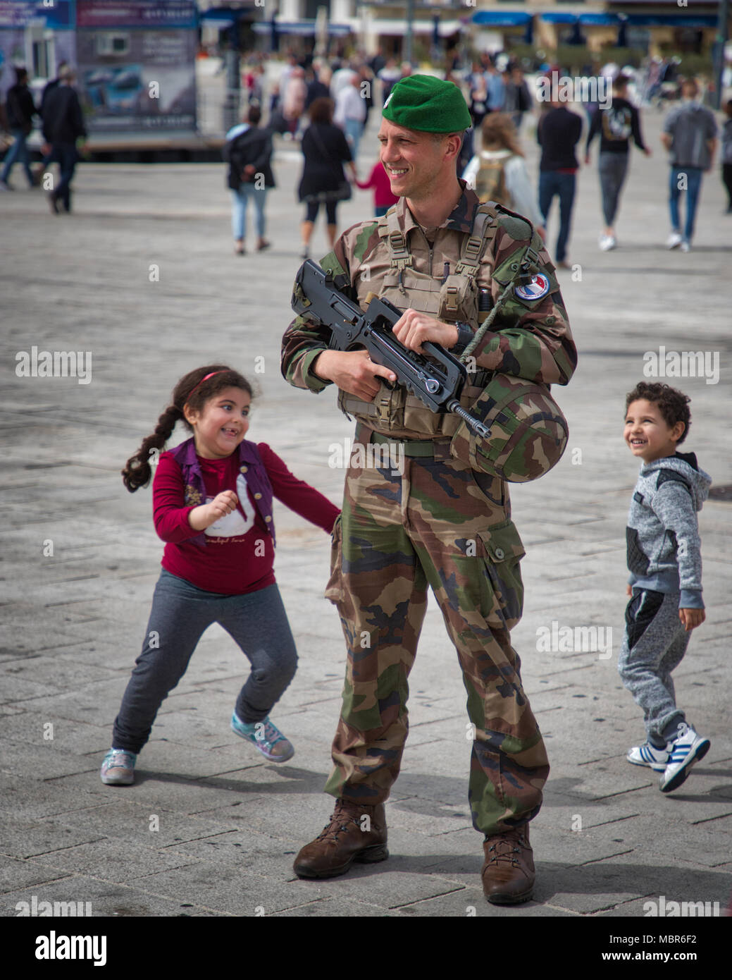 Marseille, France - 4/7/2018: photo of a French soldier posted in the ...