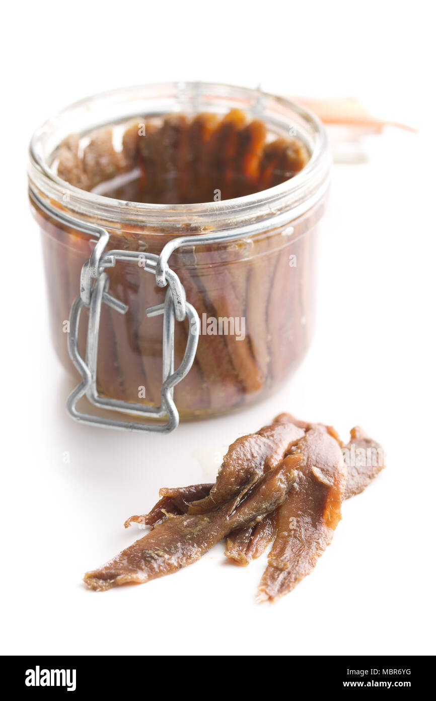 Anchovy fillets in oil isolated on white background Stock Photo Alamy