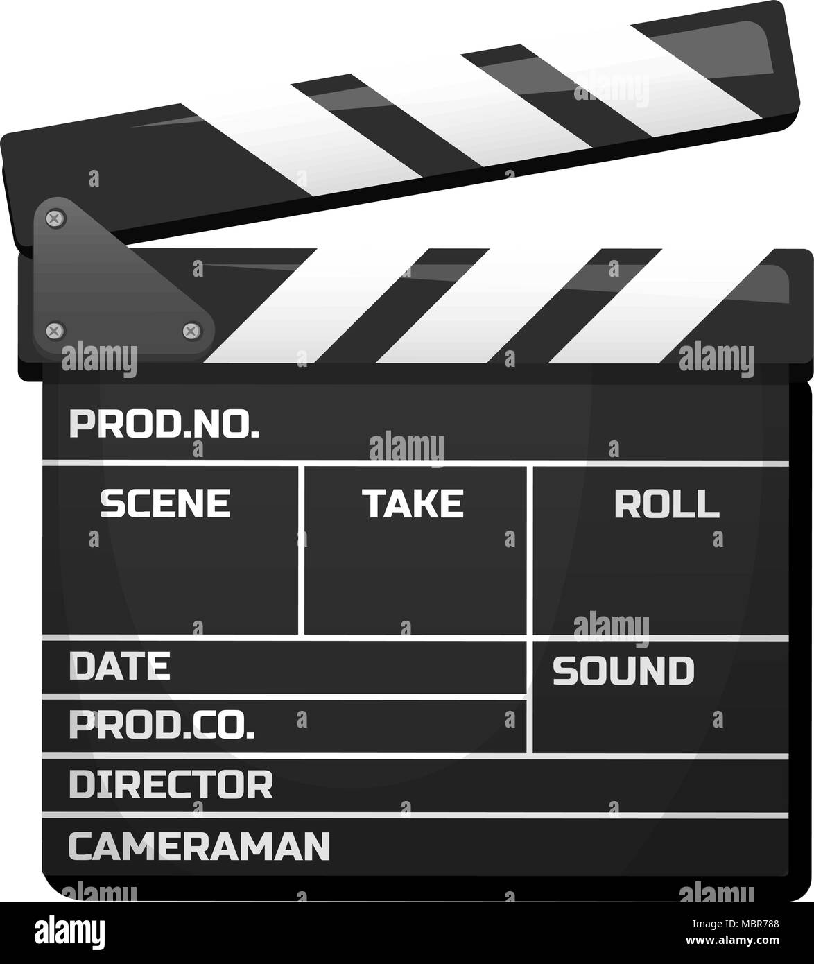 Clapperboard for Movie. Vintage cinema, entertainment and recreation. Retro style, Filmmaking and video cassette for Hollywood studio. Device for actors and directors. Stock Vector