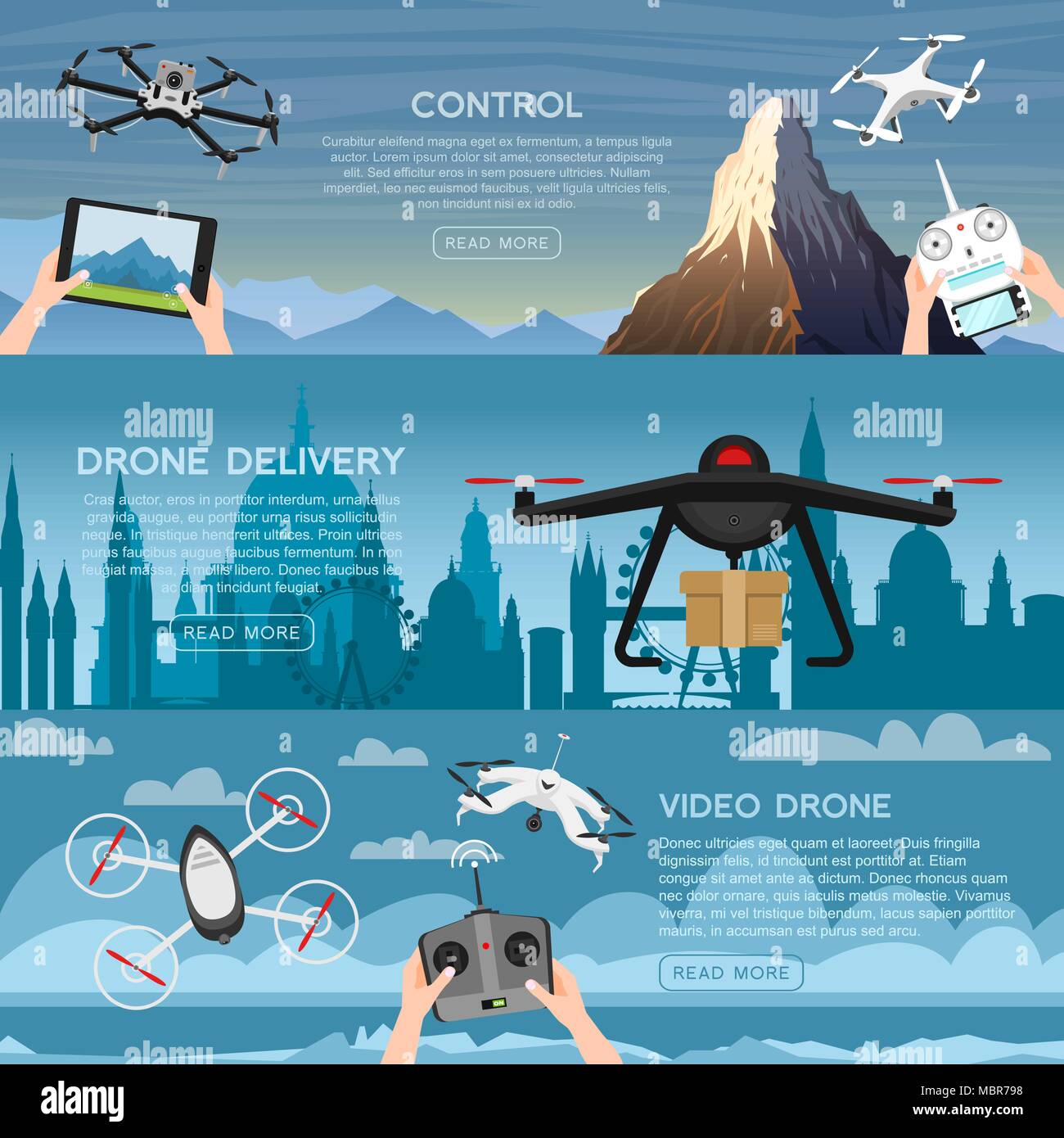 Modern air drones for card and remote control. Video and photo and  delivery. Science and technologies. Radio robot with camera in the air.  Innovative systems. Background or poster Stock Vector Image &