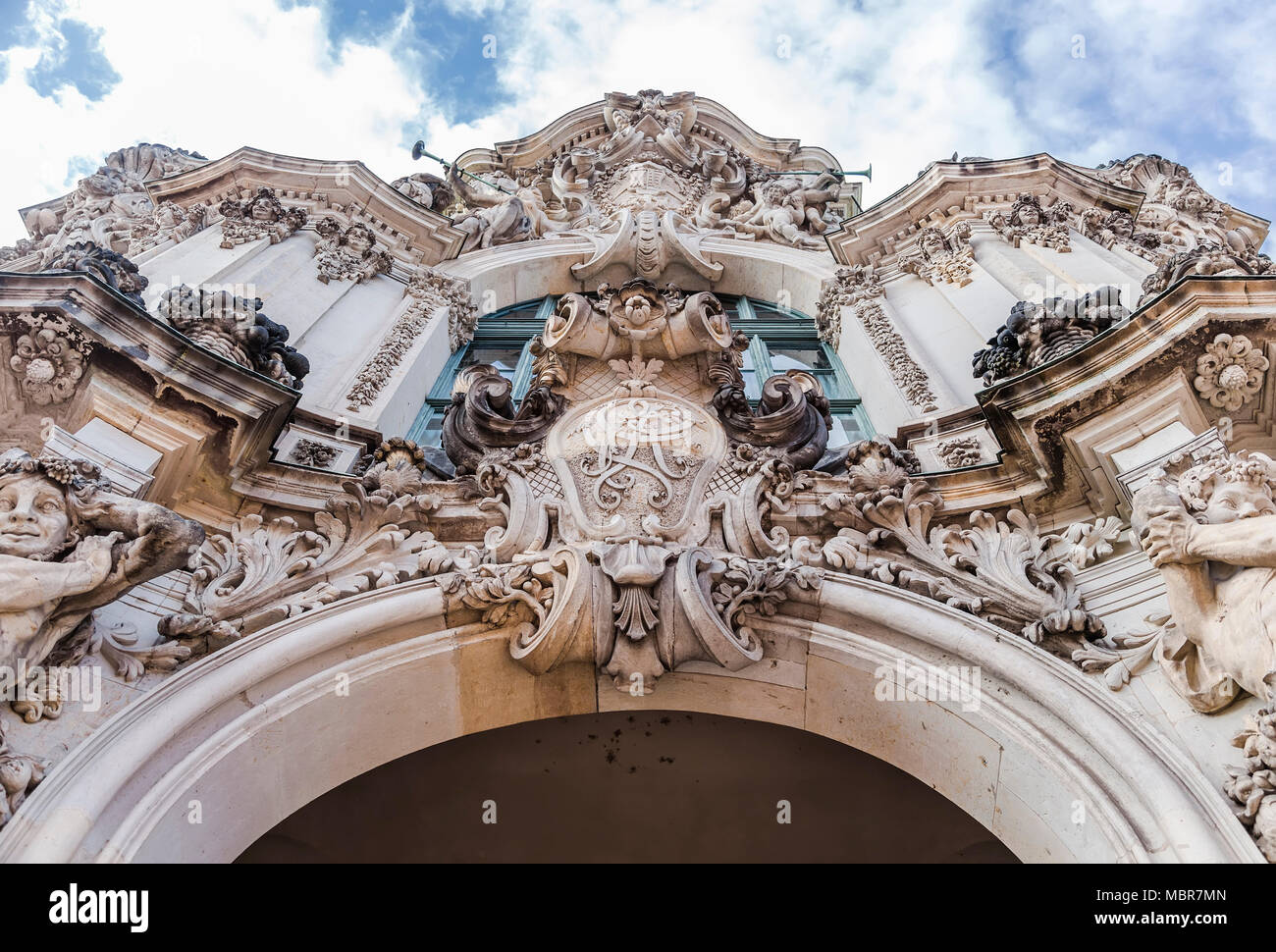 Architectural details in Zwinger Palace, Dresden, Germany. Close-View up from near point. Stock Photo