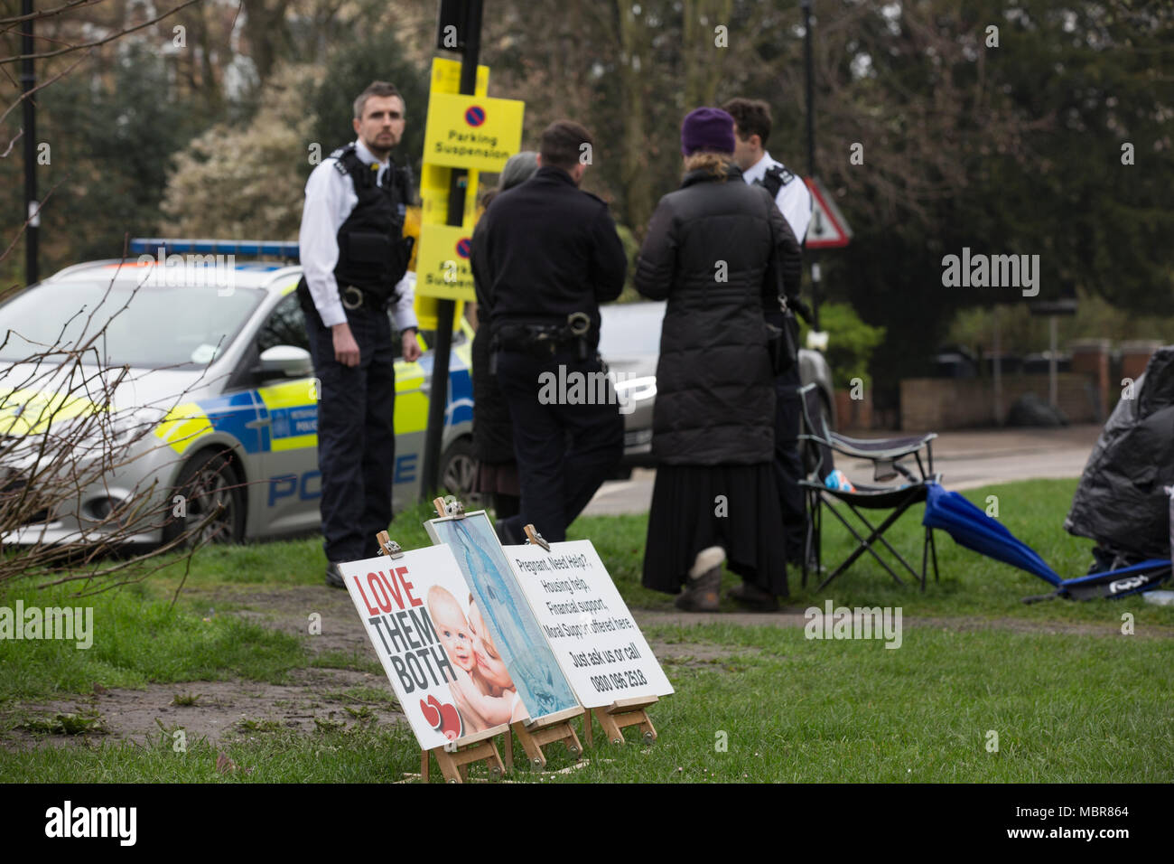 Pro-life campaigners outside Marie Stopes Abortion Clinic, Mattock Lane, Ealing Broadway after the abortion buffer zone vote this week, London, UK Stock Photo