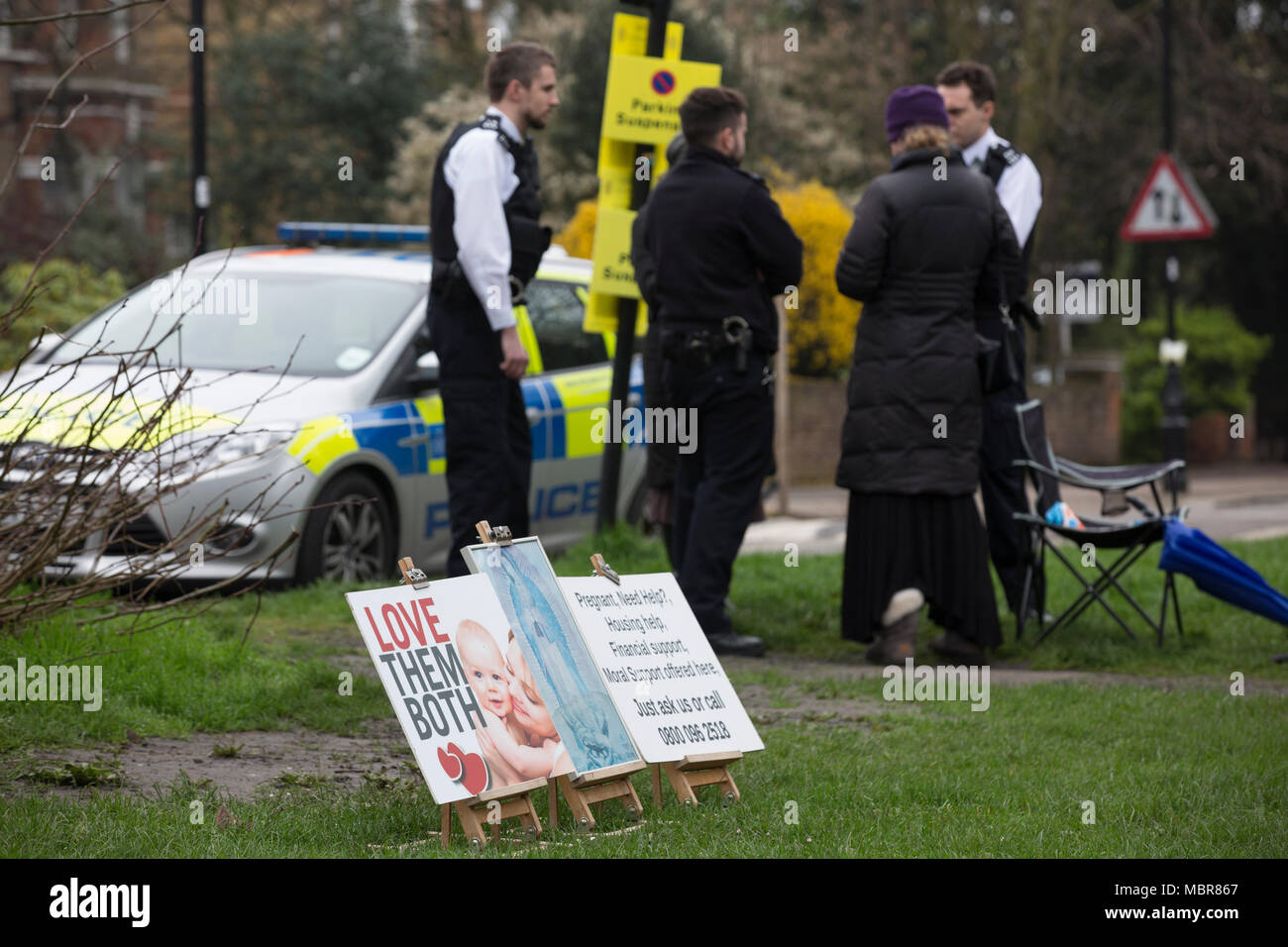 Pro-life campaigners outside Marie Stopes Abortion Clinic, Mattock Lane, Ealing Broadway after the abortion buffer zone vote this week, London, UK Stock Photo