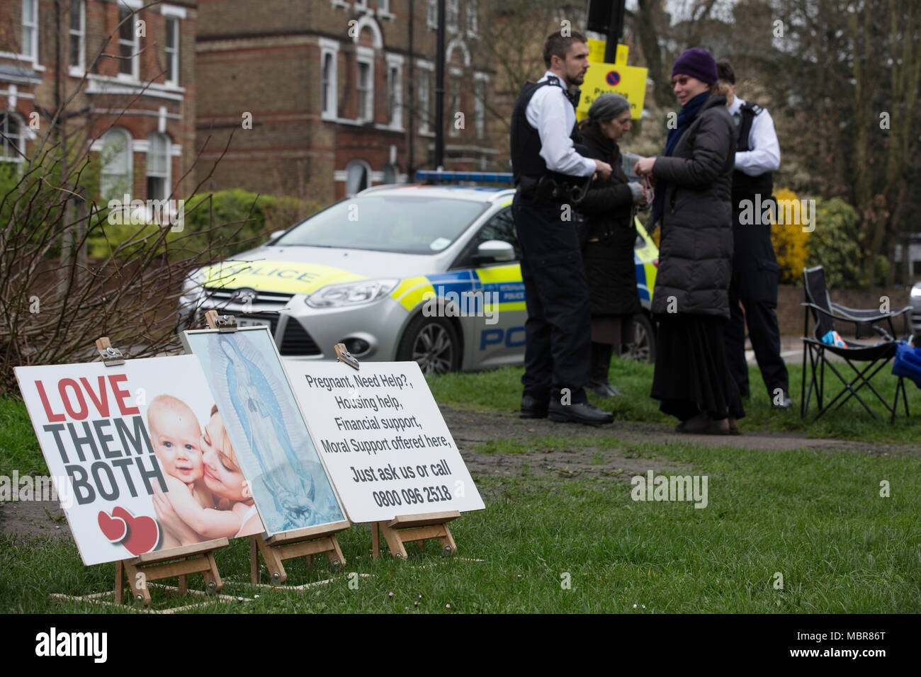 Pro-life campaigners outside Marie Stopes Abortion Clinic, Mattock Lane, Ealing Broadway after the abortion buffer zone vote this week, London, UK Stock Photo