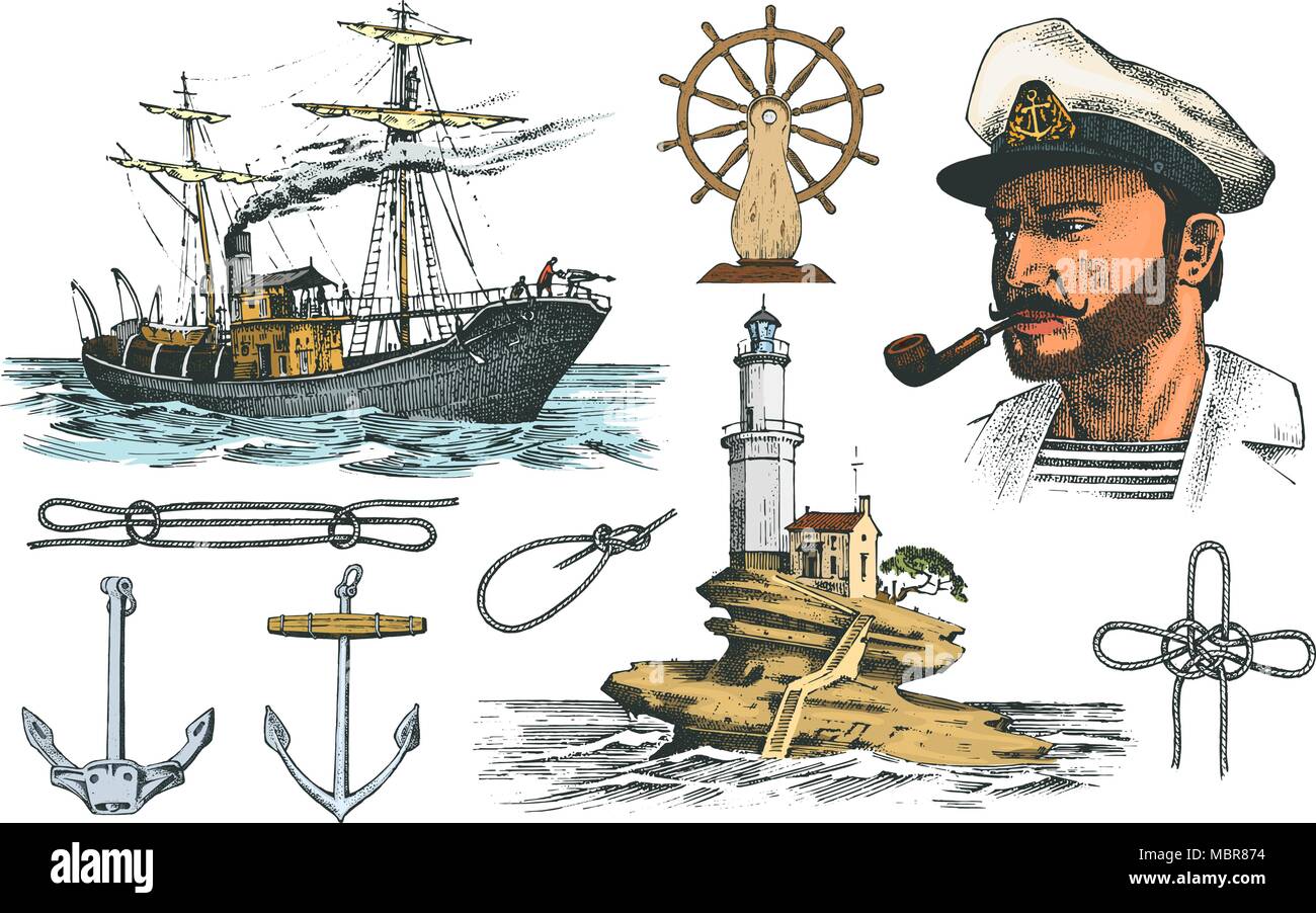 Boatswain with pipe. Lighthouse and sea captain, marine sailor, nautical travel by ship. engraved hand drawn vintage style. summer adventure. Seagoing vessel and rope knots. Boat wheel and anchor. Stock Vector