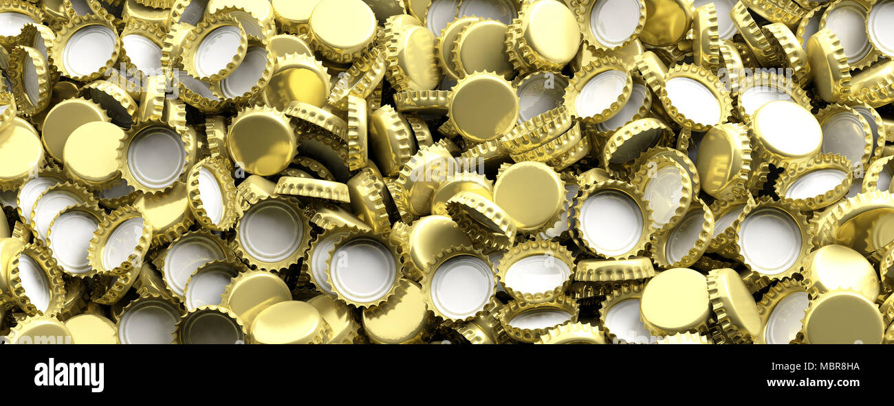 Blank, golden beer caps pile background, banner, top view. 3d illustration Stock Photo