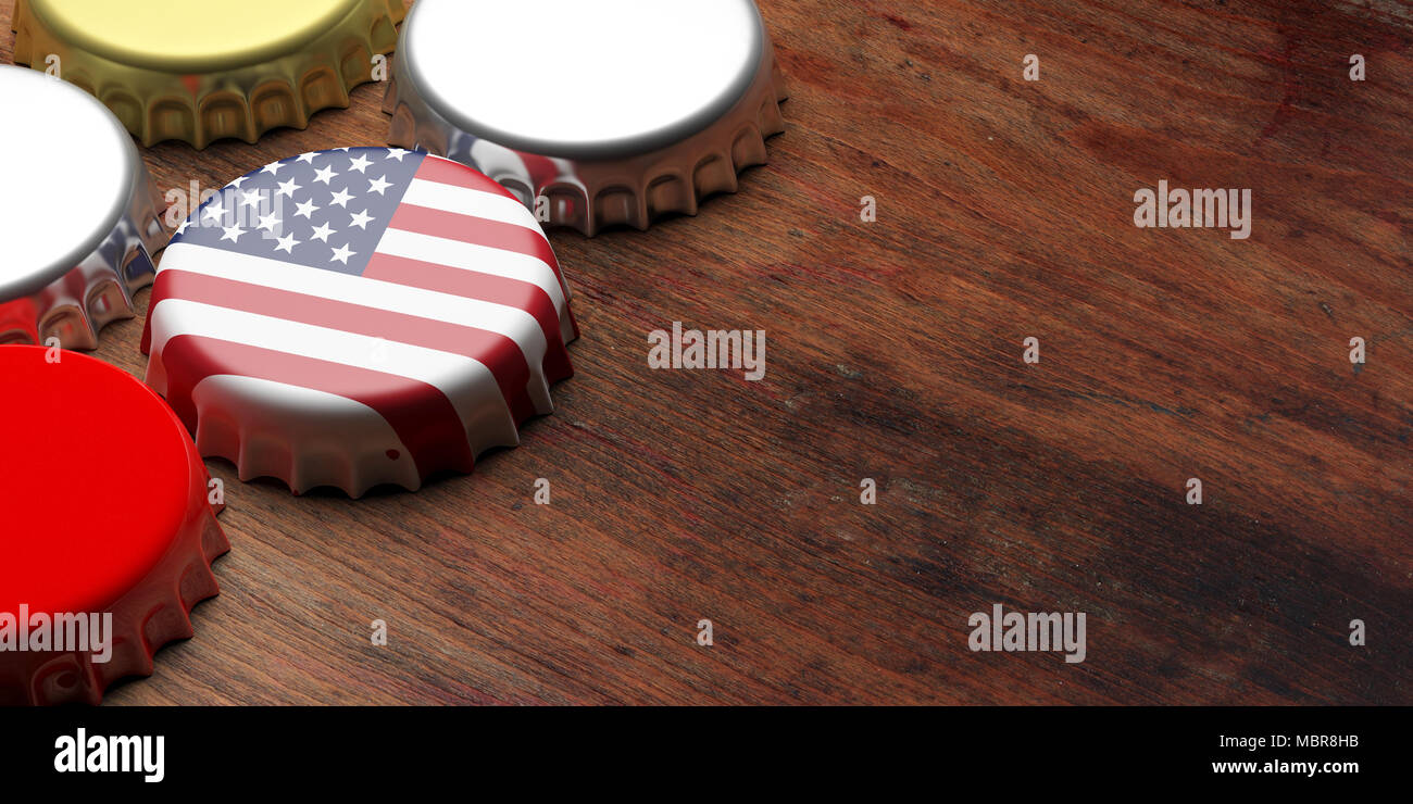 American beers. Beer cap with USA flag on wooden background, copy space