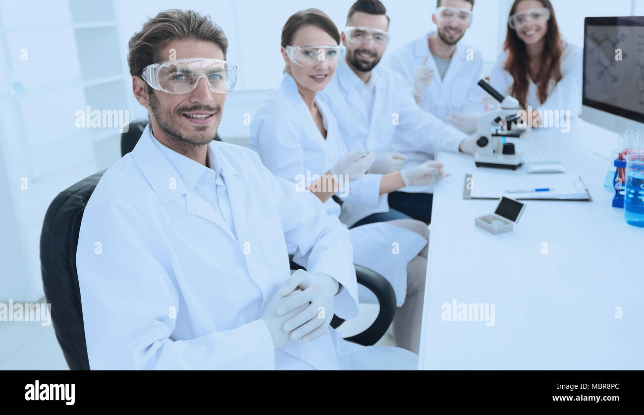 head of the scientific project and research team at the workplace Stock Photo