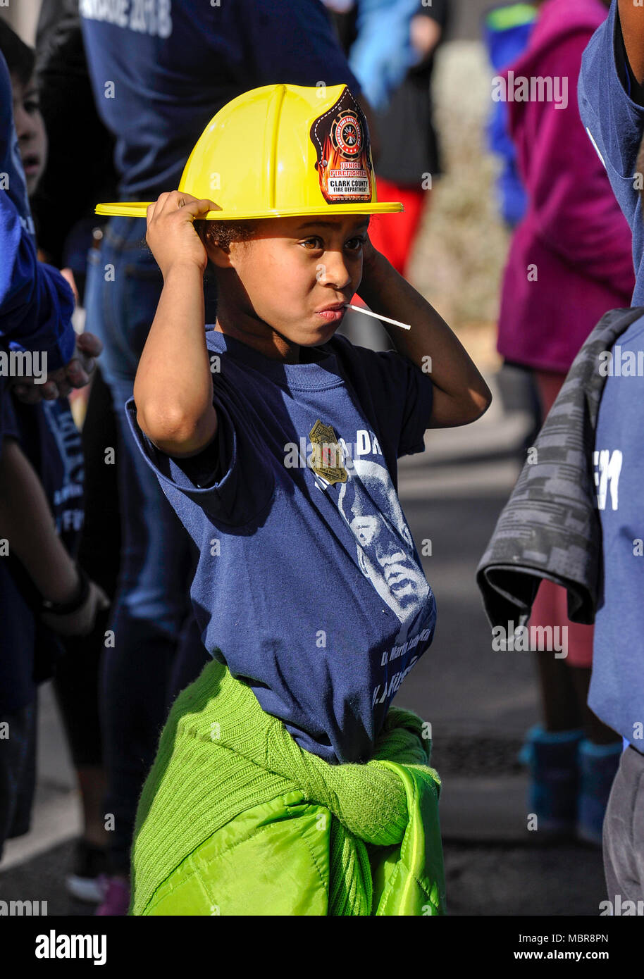 Las Vegas, Nevada - January 15, 2018 -  Boy dressed as a fireman at Dr. Martin Luther King Day Parade in downtown Las Vegas - Photo: Ken Howard/Alamy Stock Photo
