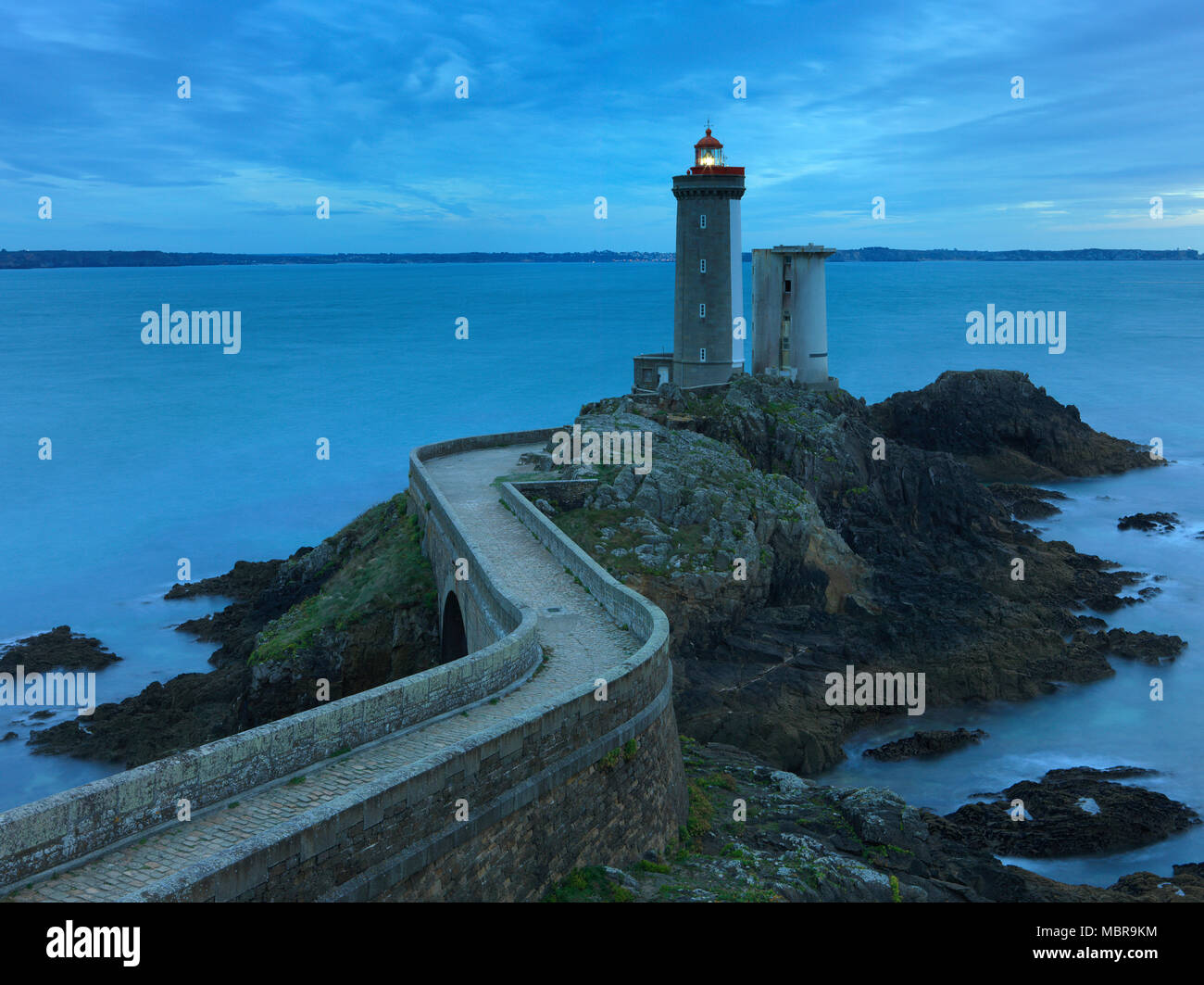 Lighthouse at the Strait of Brest, at dusk, Département Finistère