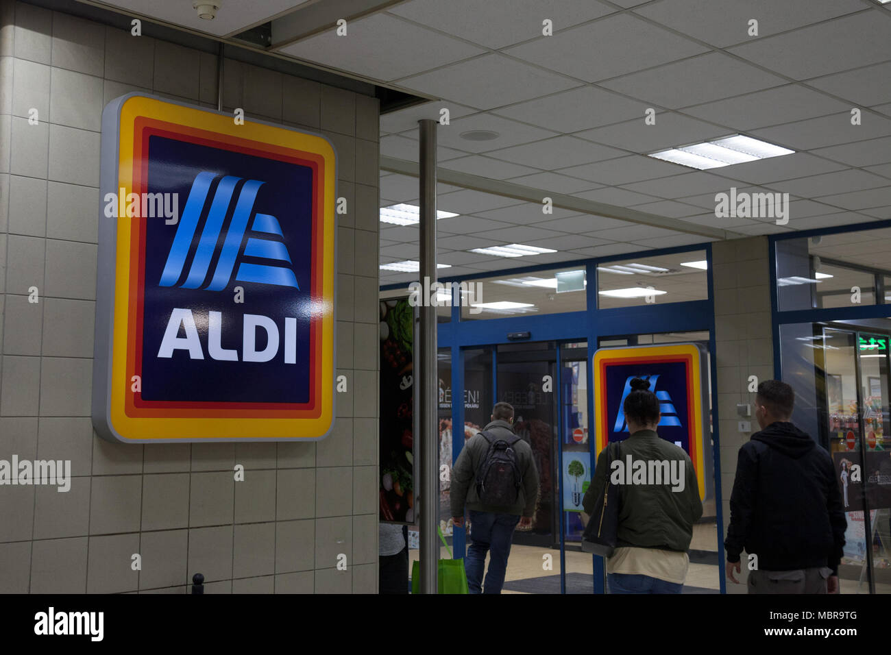 BUDAPEST, HUNGARY - APRIL 7, 2018: Aldi logo on one of their shops for Hungary. Aldi is a German Discount Supermarket chain developped worldwide  Pict Stock Photo