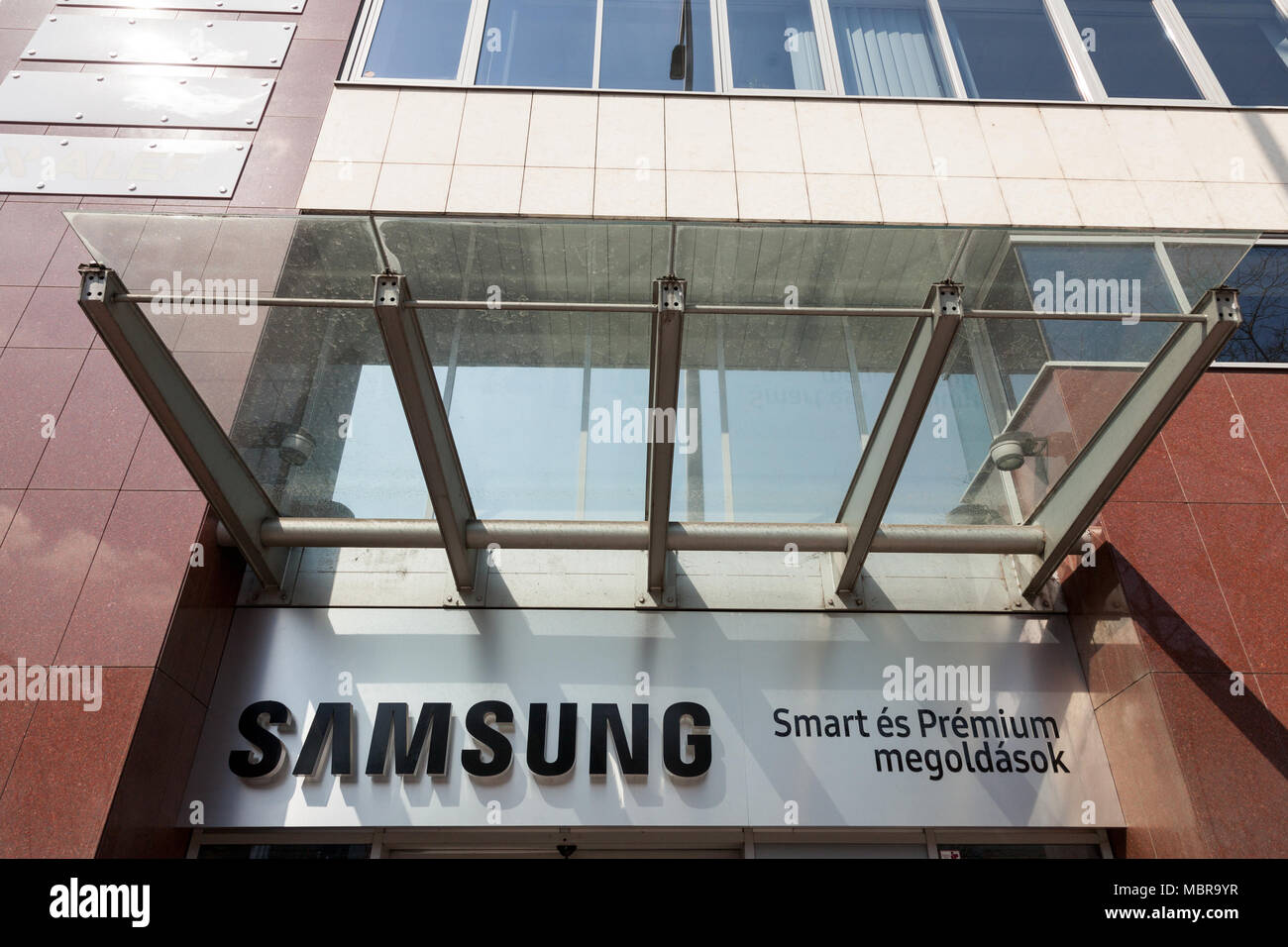 BUDAPEST, HUNGARY - APRIL 6, 2018: Samsung logo on their main office for Hungary. Samsung is one of the main It technologies conglomerates in the worl Stock Photo