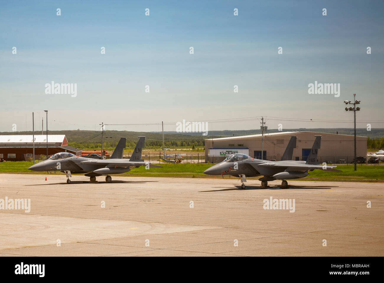 Two McDonnell Douglas F-15 Eagle aircraft at Gander International Airport in Gander, Newfoundland, Canada. Stock Photo