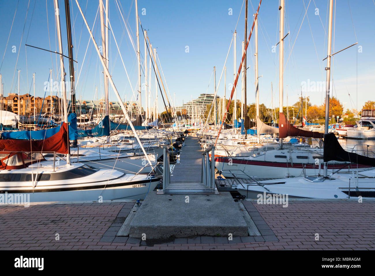 Sailboats at the Bronte Harbour Yacht club Marina in Bronte Harbour along Bronte Creek in Bronte, Oakville, Ontario, Canada. Stock Photo