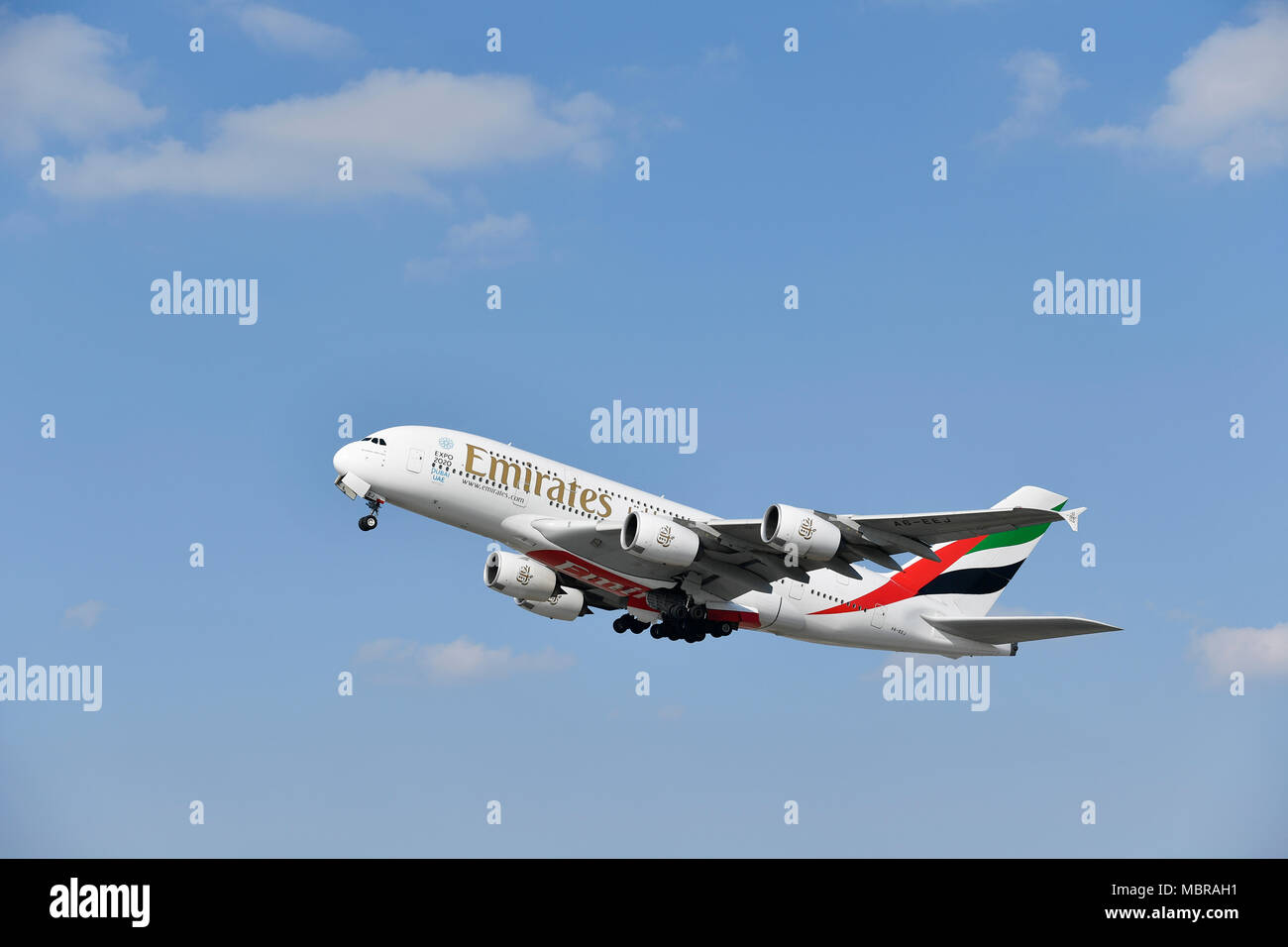 Emirates, Airbus, A380-800, with landing gear extended, Munich Airport,  Upper Bavaria, Germany Stock Photo - Alamy