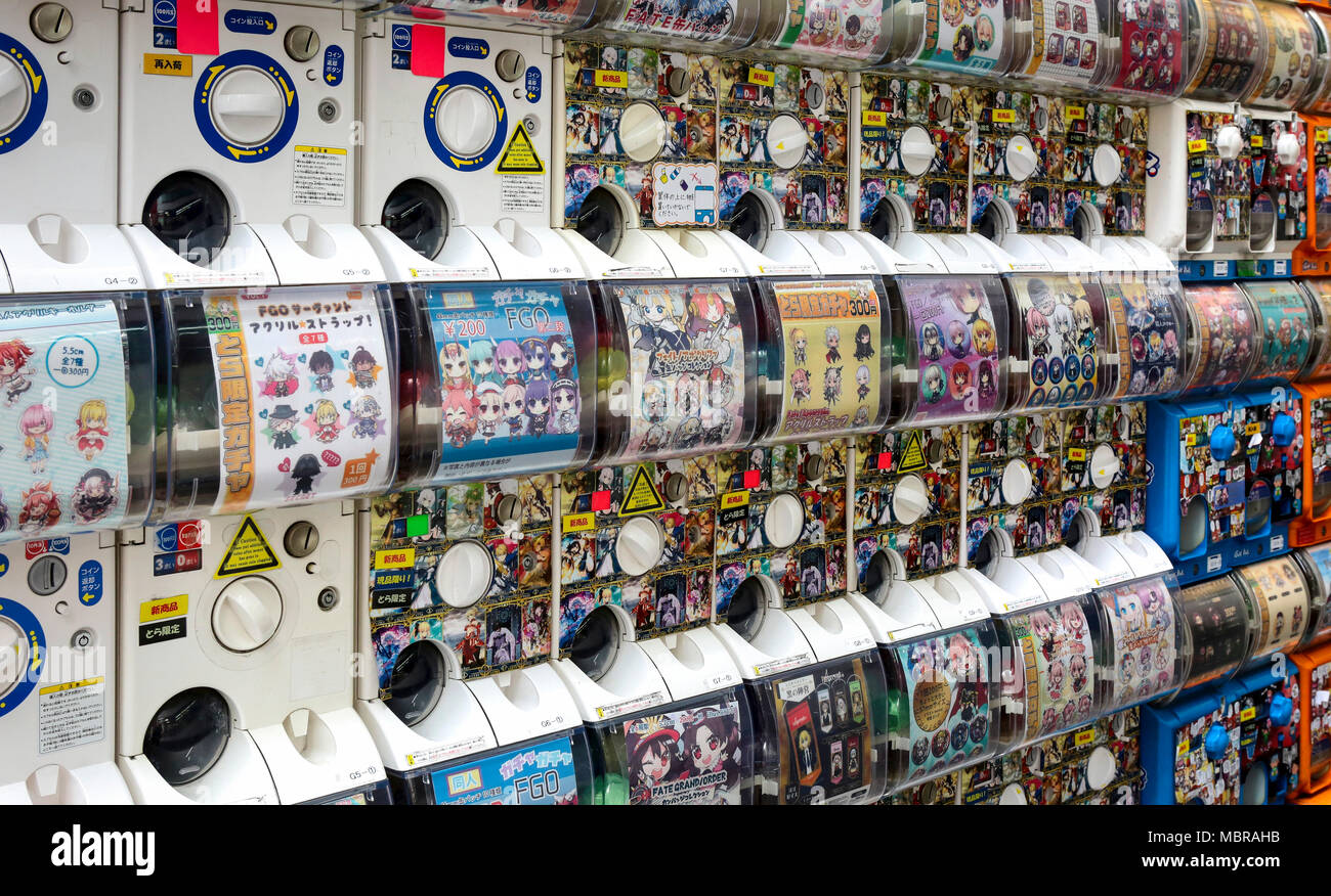 Gachapon machines with toys in small capsules on the electronics mile Akihabara, Tokyo, Japan Stock Photo
