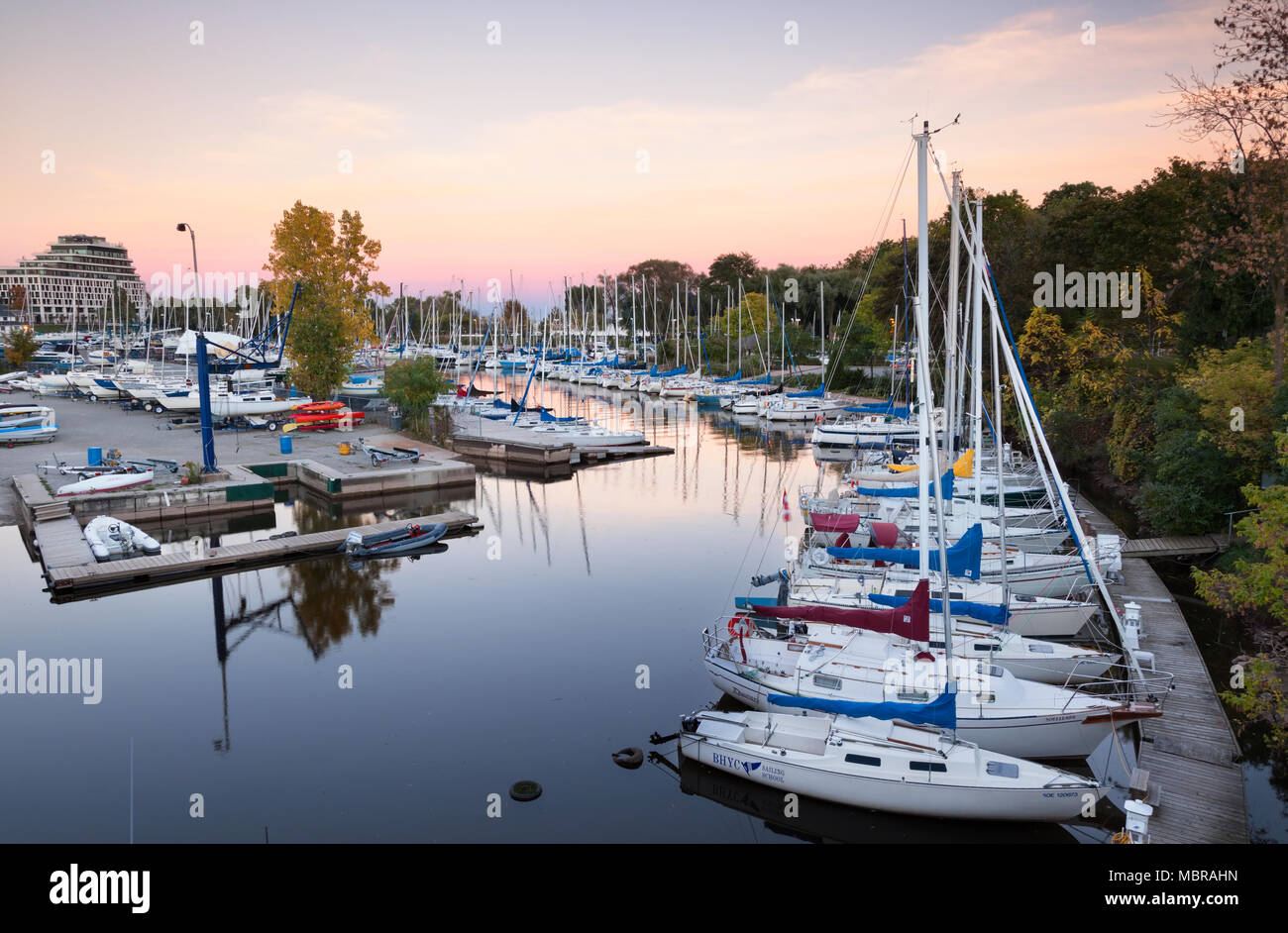 Sailboats at the Bronte Harbour Yacht club Marina in Bronte Harbour along Bronte Creek in Bronte, Oakville, Ontario, Canada. Stock Photo