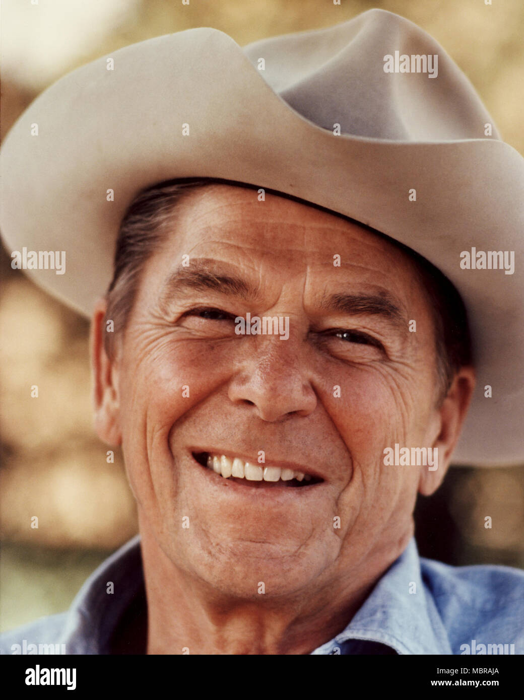 Ronald Reagan in a cowboy hat at his ranch - Rancho Del Cielo in California. Stock Photo