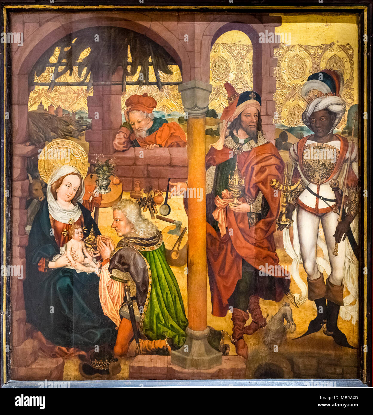 Painting Worship of the Kings, Retable de la Vie de la Vierge, c. 1480, Museum Unterlinden, Musée Unterlinden, Colmar, Alsace Stock Photo