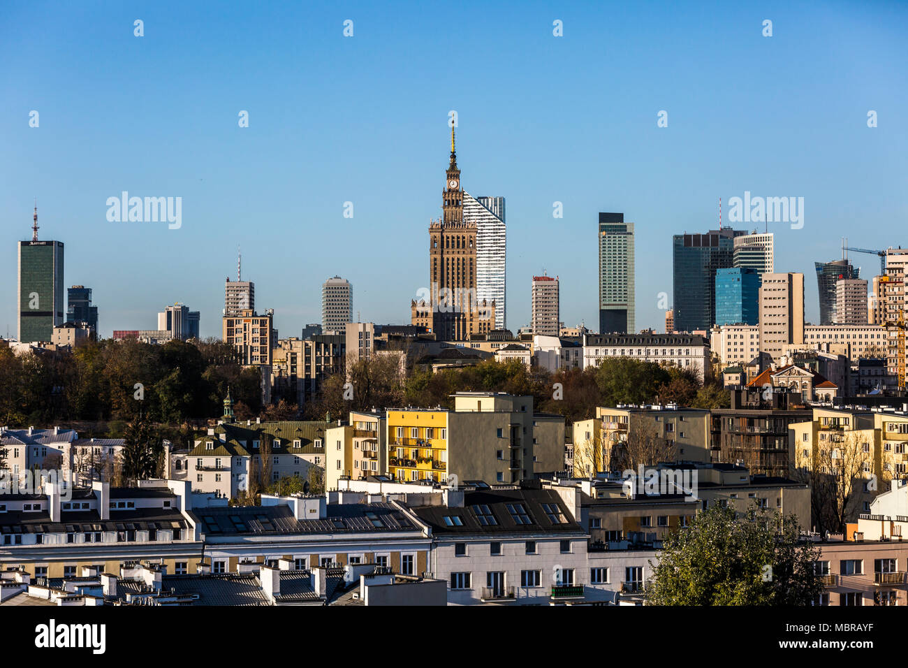 City view, skyscrapers in the city center, in the center of the Palace of Culture and Science, Pałac Kultury i Nauki,Warsaw Stock Photo
