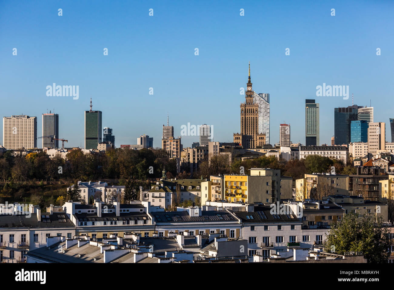 City view, skyscrapers in the city centre with Palace of Culture and Science, Pałac Kultury i Nauki,Warsaw, Poland Stock Photo
