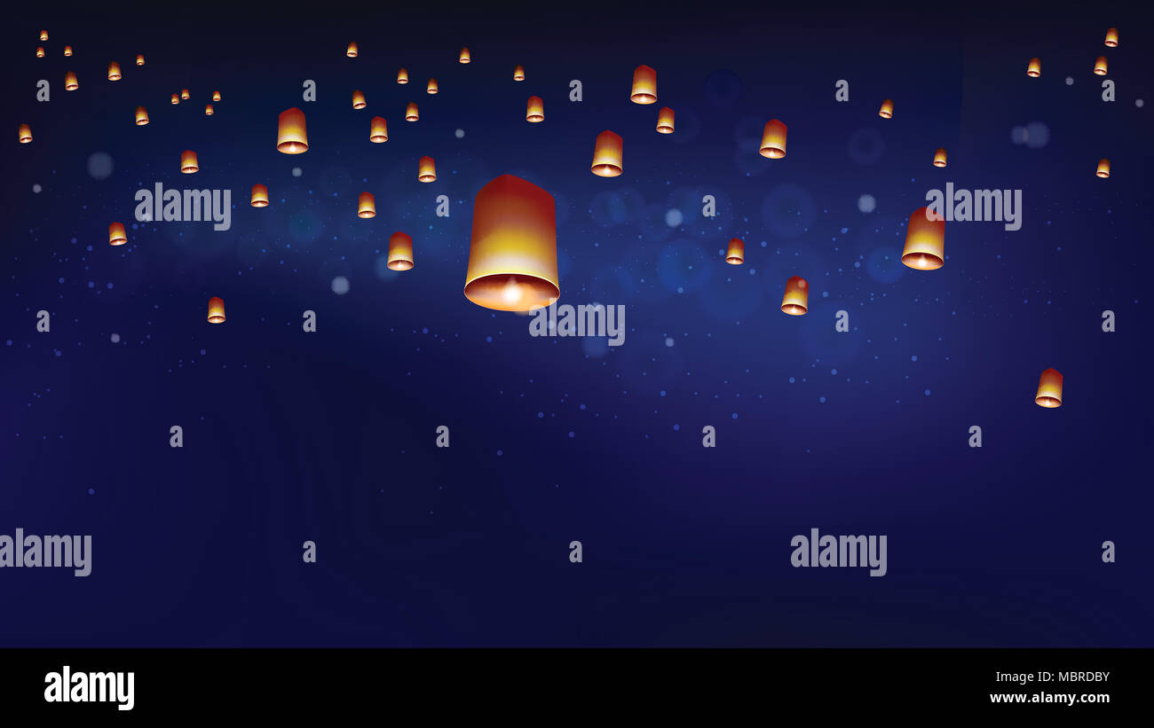Khom loy or floating lanterns into the night sky. Thai people believed that misfortune will fly away with the lanterns, and they like done all festiva Stock Photo