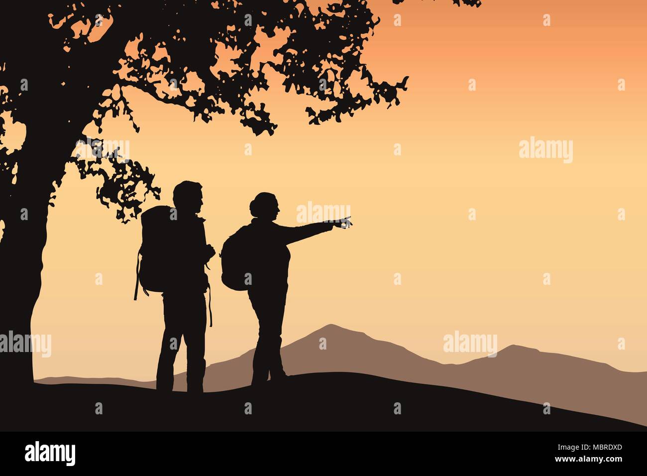 Two tourists standing under a tree pointing in the distance in mountain landscape with orange sky and space for your text - vector Stock Vector