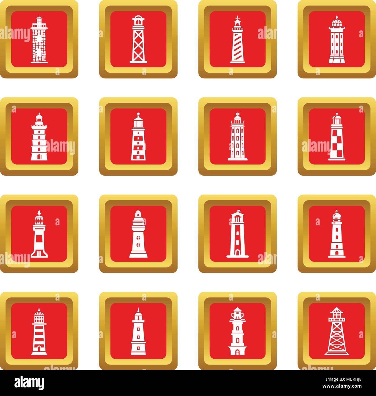 Lighthouse icons set red square vector Stock Vector